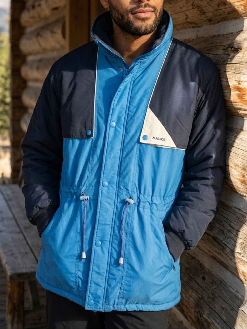 Vintage 80s Marmot Ski Jacket Blue Black Colorblock Insulated Puffer Coat Retro